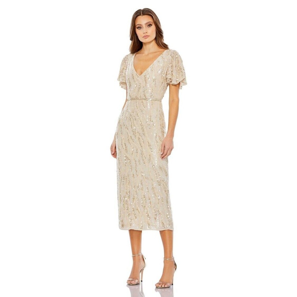 Mac Duggal 93591 Sequined V Neck Flutter Sleeve Tea Length Dress Size 12